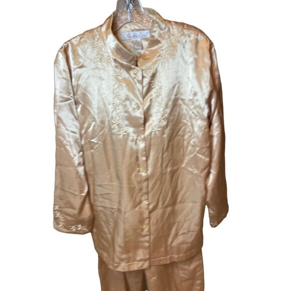 Vintage Claire’s Rose Champagne Embroidered Flannel Lined Pajama Set Sz S - Picture 1 of 12